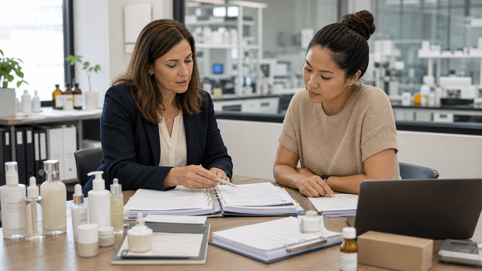 A cosmetics compliance specialist and skincare brand manager reviewing product safety records and unbranded skincare samples beside a working laboratory.