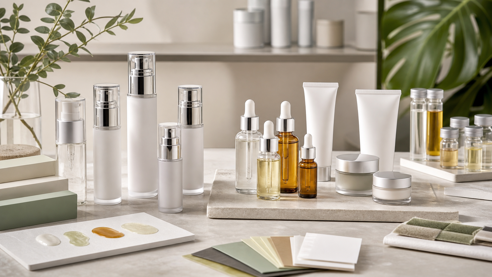 Airless pump bottles, dropper bottles, cosmetic tubes and jars arranged for private label serum packaging selection
